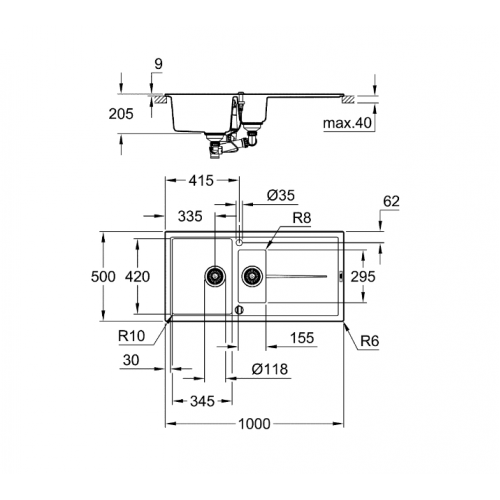 Кухненска мивка гранит с отцедник GROHE K400, сив мат 